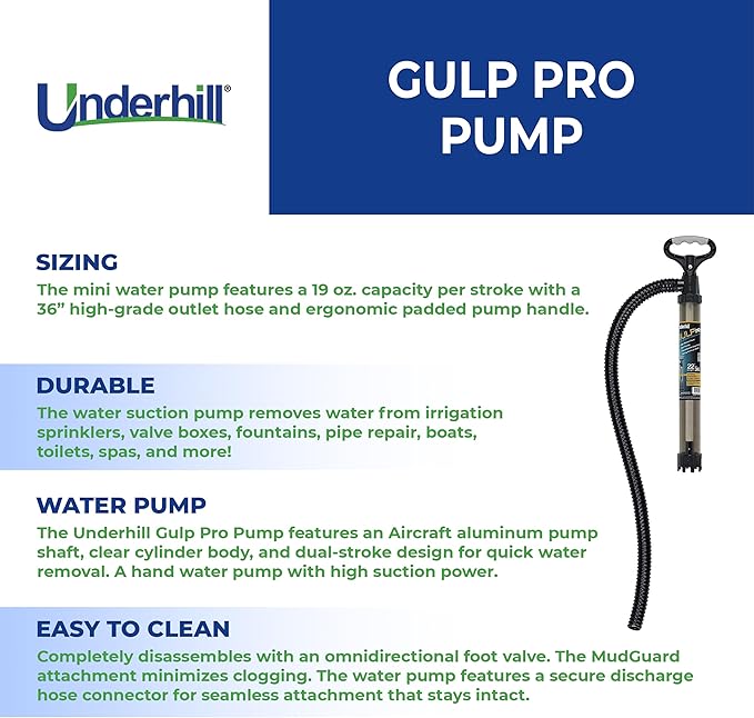 Underhill Gulp Pro Siphon Suction Water Pump 22 Inch Length with 36 Inch Outlet Hose, For Irrigation, Fluid Transfer, Water Removal, A-G1236-C