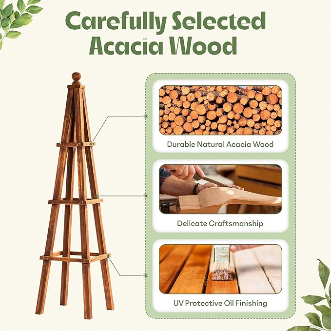 Idzo 61-Inch Wood Obelisk Trellis for Climbing Plants, Outdoor & Indoor Garden Decor, Light Brown, Durable, Space-Saving, Easy Assembly, Ideal for Patio & Yard – Upgraded 2025