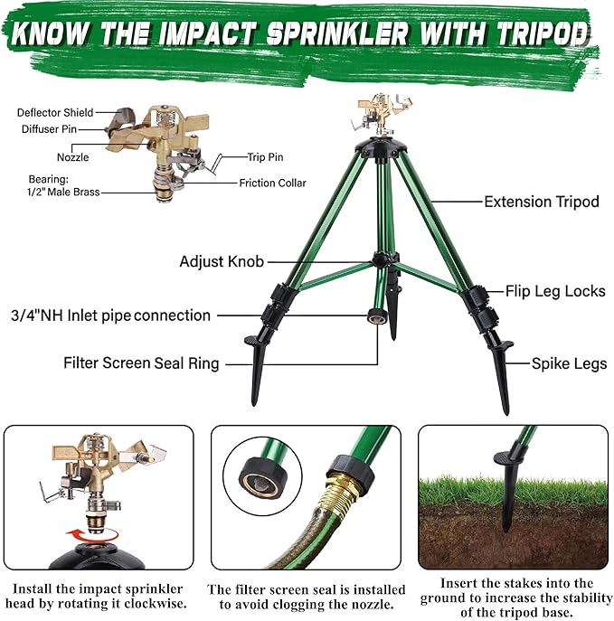 Triumpeek Impact Sprinkler on Tripod Base with Stakes, 360 Degree Large Area Coverage Irrigator with Extension Legs, Adjustable Brass Sprinkler Head Nozzle and 3/4" NH Inlet Hose Connection (1)