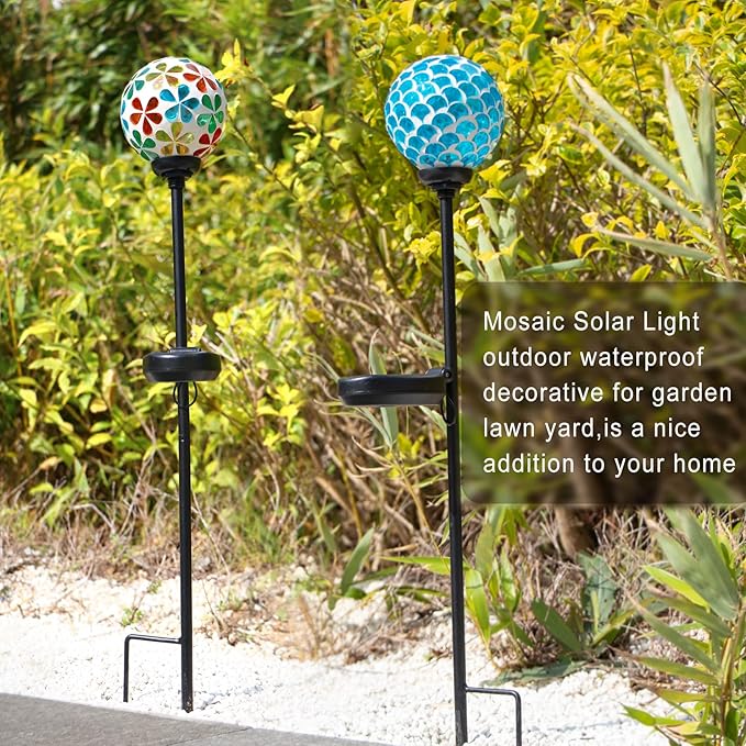 VCUTEKA Solar Garden Lights, Mosaic Solar Light Outdoor Waterproof LED Pathway Stake Light for Landscape Patio Yard Deck Walkway Decoration, 2 Pack
