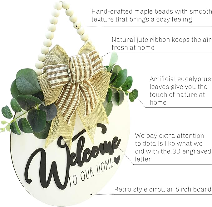 3D Welcome Sign for Front Door |Home/Farmhouse Porch Décor Wooden Hanging Sign with Artificial Leaves and Rustic Beads | Christmas Classroom |12" Round|White