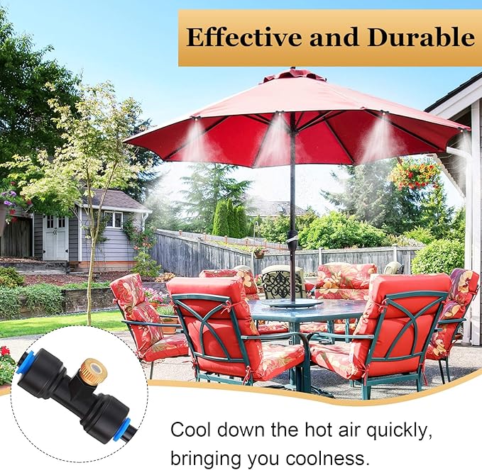 Hotop Brass Misting Nozzles 1/4 Inch Sliding Lock Mister Nozzles Tees with Plugs for Outdoor Cooling System Misting System(20 Pieces)