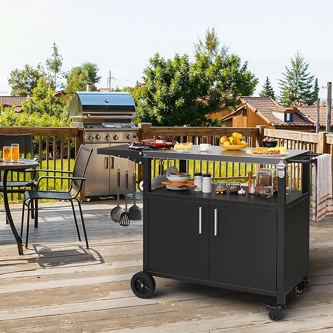 Shintenchi Outdoor Grill Cart Table with Stainless Steel Top for Kitchen Prep and BBQ, Outdoor Kitchen Island Table with Side Handle, Multifunctional Outdoor Grill Table, Black