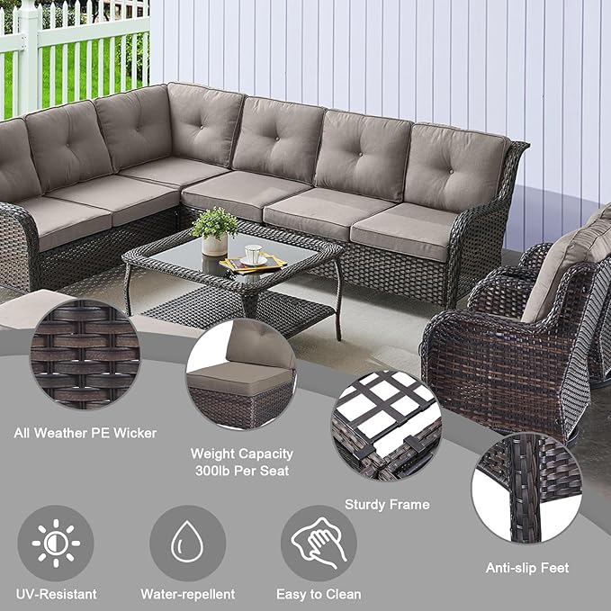 HUMMUH 9 Piece Patio Furniture PE Wikcer Outdoor Furniture Set with Sectional Sofa Swivel Patio Chairs Ottomans and Glass Coffee Table for Yard,Garden,Lawn