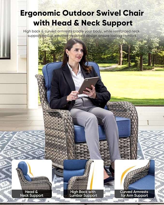 HUMMUH Wicker Patio Furniture Set 6inch Thick Cushion Deep Seat Outdoor Swivel Rocker Patio Chairs Set of 2 with Ottomans Conversation Set for Porch Garden Deck