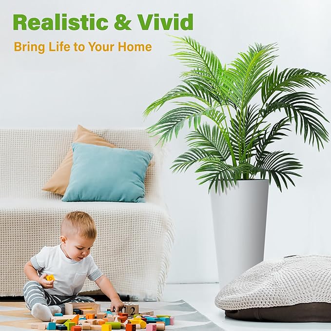 KOL 4ft 2-Pack Artificial Palm Tree Plant, 47in Fake Cane Areca Palm Silk Tree Indoor Outdoor,Dypsis Lutescens, Realistic Faux Silk Plants for Office Home Garden Decoration, Lifelike Modern Decor