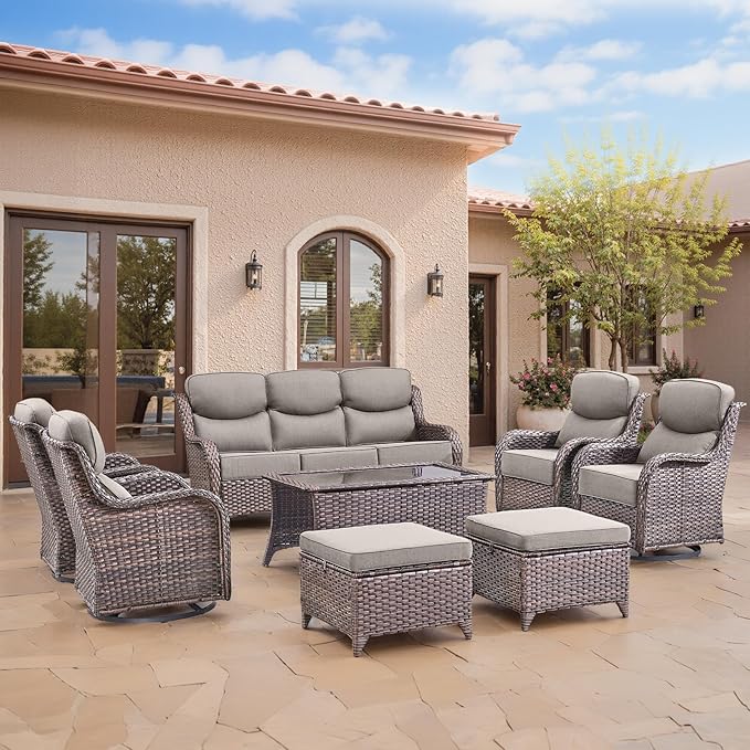 Swivel Patio Chairs sofa Set of 4 with 6" Thick Cushion - Wicker Outdoor Swivel Rocker Patio Chair ,Sofa/Glass coffee table, High Back Comfortable Outdoor Glider Chairs - Brown Wicker Grey Cushions