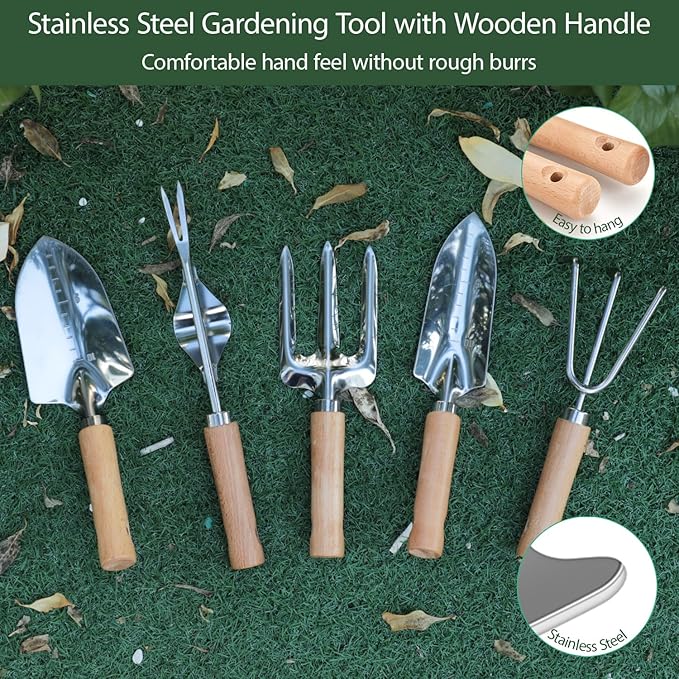 Garden Tool Set, 10 Piece Kit with Heavy Duty Folding Stool, Detachable Storage Tote Bag, Stainless Steel Tools, Gifts for Women Men Green