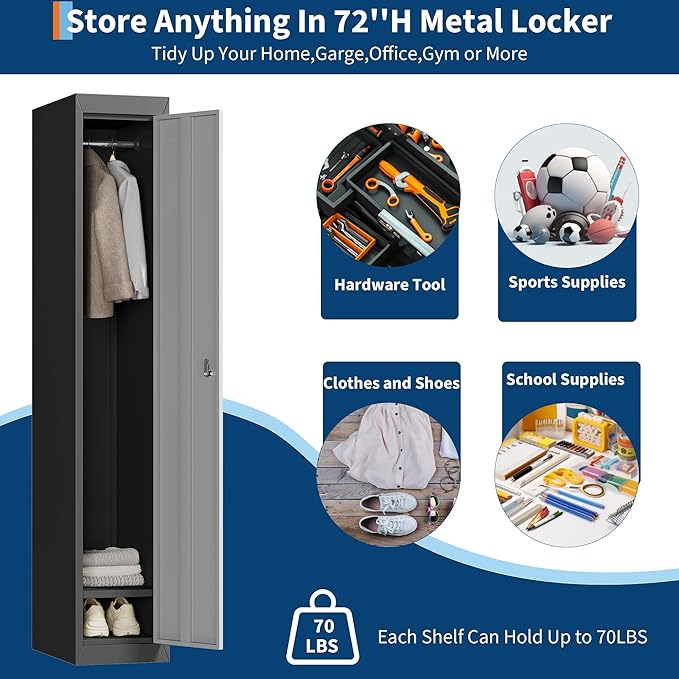 1 Door Tall Single Metal Locker, Metal Lockers for Employees with Keys, 72” Black Employee Storage Cabinet with Doors, Steel Storage Cabinets Lockable for School, Gym, Home, Office, Mudroom, Black