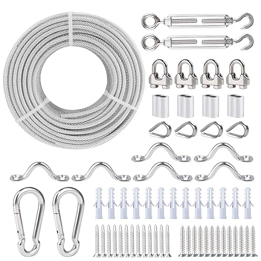 3/16" Wire Rope, 304 Stainless Steel Turnbuckle Wire Tensioner Kit, 100 Ft PVC Coated Steel Cable w/ 7×7 Strand Core for Decking Stair Railing, Shade Sail, String Light Hanging, Clothes Line