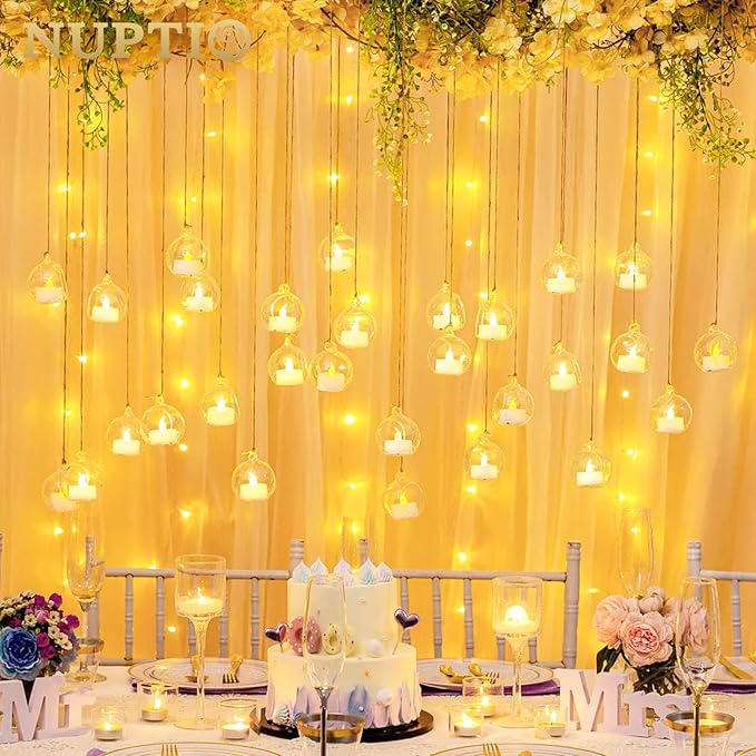NUPTIO Mini Hanging Glass Tealight Globe Candle Holder with LED Candle, 2.36 Inches Diameter, Wedding Party Tree Decoration (36 Pcs)