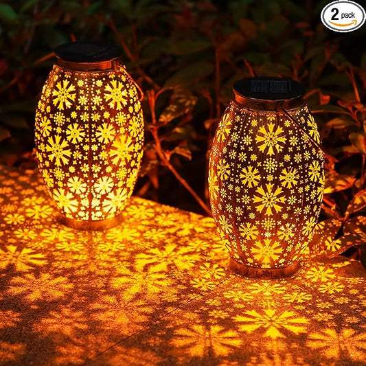 Solar Lanterns Outdoor Waterproof - 2 Pack Hanging Solar Lights Outdoor, Halloween Decorative Retro Metal Lanterns with Handles for Yard, Patio, Tabletop, Pathway, Gardening Gifts for Women Men