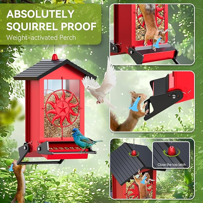 Squirrel Proof Bird Feeders for Outdoors, 5LBS Large Capacity Metal Wild Bird Feeder with Bilateral Weight-Activated Perches, Anti Squirrel Bird Feeders for Outside Finch, Cardinal, Blue Jay