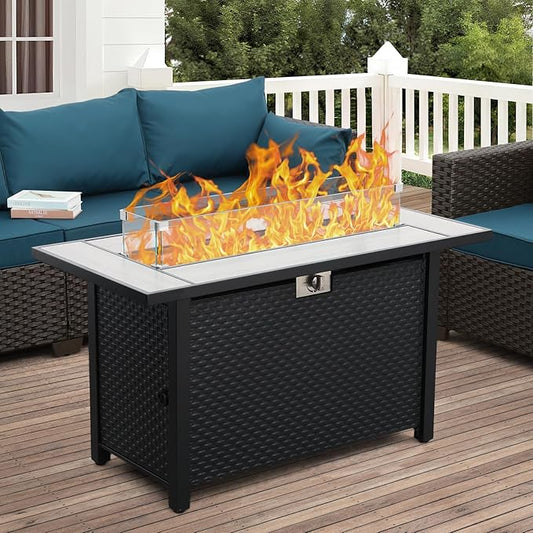 Rattaner 45 Inch Fire Table for Outside 60000 BTU Steel Gas Pit Outdoor with Woodgrain Marble Tabletop Glass Wind Guard Cover and Blue Crystal Beads