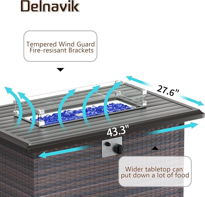 Kurapika Propane Fire Pit Table 43 Inch 55,000 BTU Auto-Ignition, CSA Certification Outdoor Rattan Gas Fire Pits with Slide Out Tank Holder, Outdoor Fire Tables Wider Desktop, Windshield and Lid