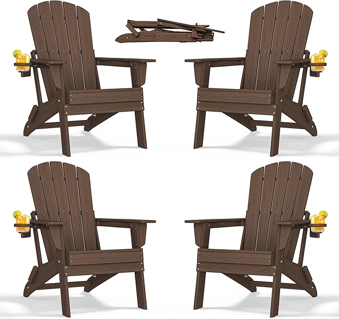 Folding Adirondack Chair with Cup Holder Set of 4, HDPE Patio Chairs,All-Weather Outdoor Chairs for Backyard, Deck,Fire Pit-Coffee