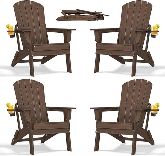 Folding Adirondack Chair with Cup Holder Set of 4, HDPE Patio Chairs,All-Weather Outdoor Chairs for Backyard, Deck,Fire Pit-Coffee