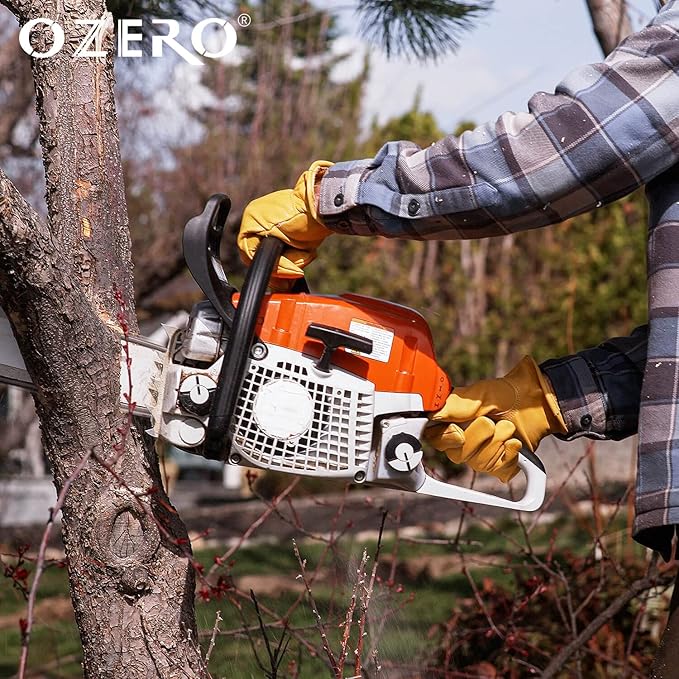 OZERO Leather Work Gloves Flex Grip Stretchable Tough Cowhide Work Gloves 1 Pair (Gold, Medium)