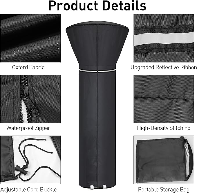 Patio Heater Covers with Reflective Strip,Outdoor Heater Cover Waterproof,Dustproof,Wind-Resistant,Sunlight-Resistant,Snow-Resistant,Black,89.5''x 33.5" Dome x 19.5" Base
