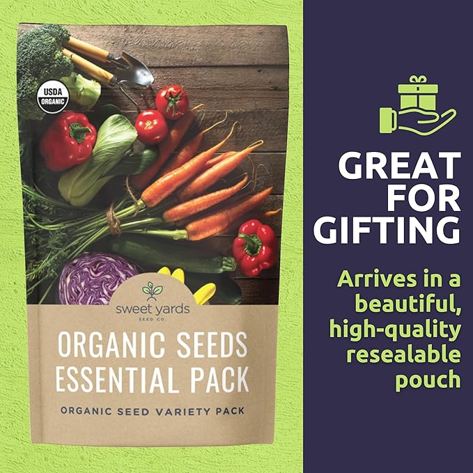 Organic Seeds Essential Variety Pack - 10 Individual Packs - 2025 Season - Summer Squash, Cherry Tomatoes, Arugula, Broccoli and More! for Indoor & Outdoor Planting (Non-GMO, Certified Organic)