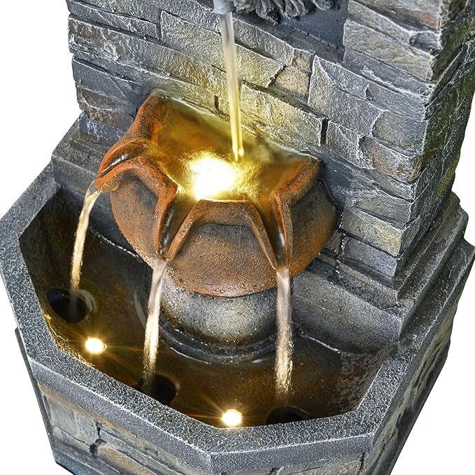 26'' Outdoor Garden Floor-Standing Water Fountain Lion Head Stone with Lights Outdoor Waterfall for Patio, Backyard, Deck, Porch and Home Art Decor