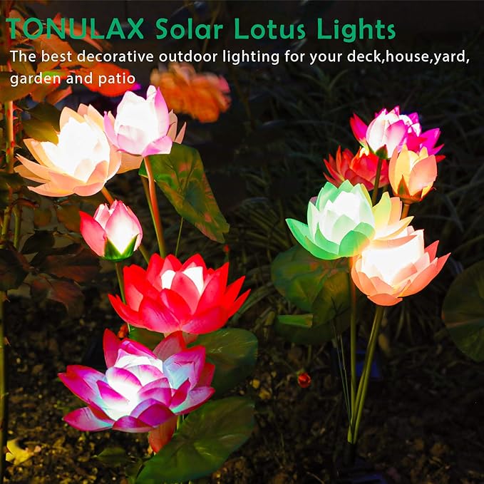 TONULAX Solar Garden Lights, Upgraded 2-Pack, Solar Lotus Flower Lights, Plastic Silk, Multi-Color, LED, Waterproof, Touch Control, 18-Hour Runtime
