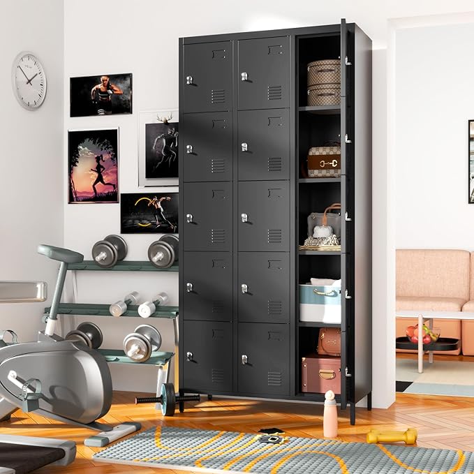 Metal Lockers for Employees, Storage Employee Locker, 72" Storage Lockers with Shelves Steel Cabinet for Home (Black, 15 Door)