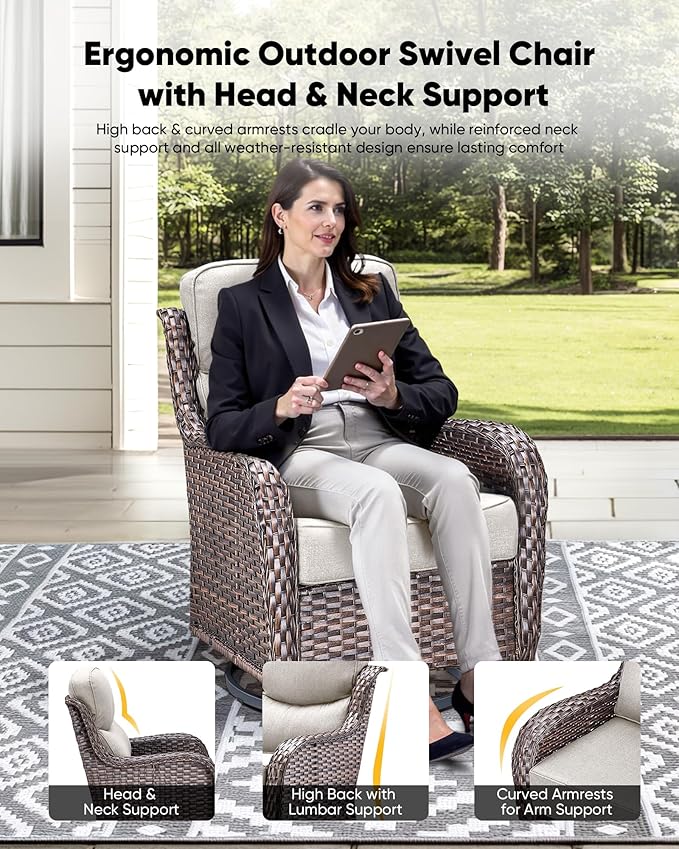 HUMMUH Wicker Patio Furniture Set 6inch Thick Cushion Deep Seat Outdoor Swivel Rocker Patio Chairs Set of 2 with Ottomans Conversation Set for Porch Garden Deck