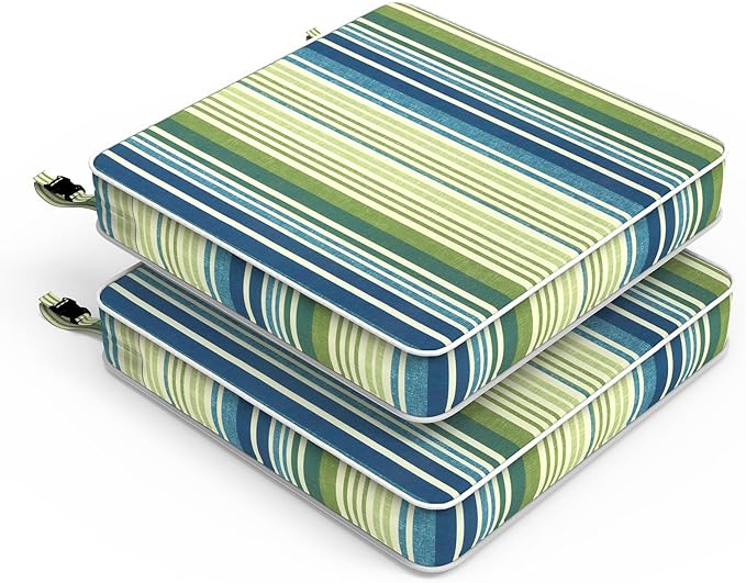 LVTXIII Patio Chair Cushions 22"x22"x3", Water-Repellent Outdoor Seat Cushions for Patio Furniture, Square Chair Pads with Ties for Home Garden Decoration, Set of 2, Stripe Blue Green