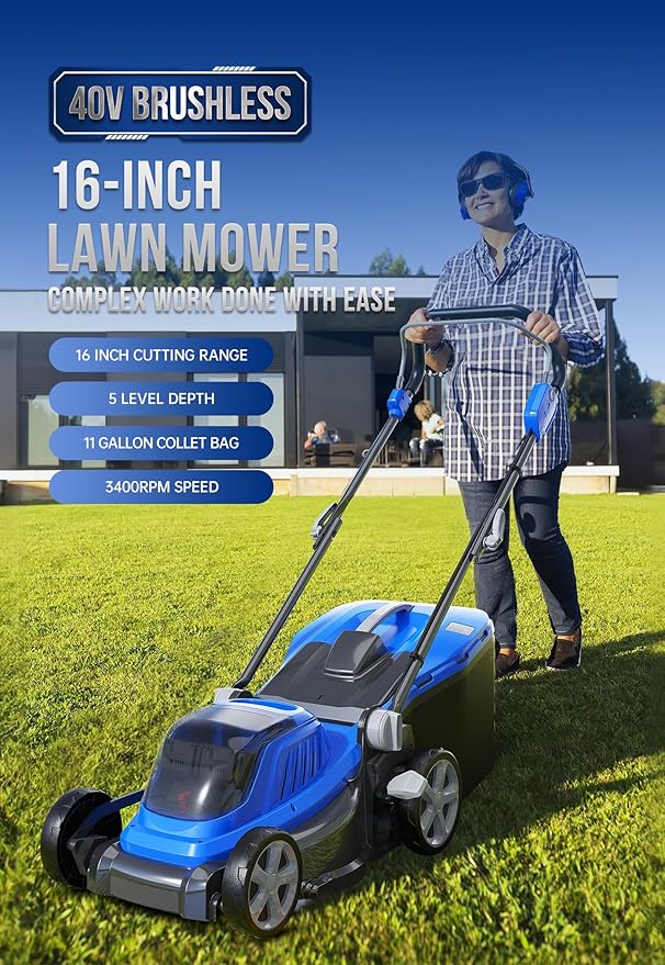 WILD BADGER POWER Lawn Mower 40V Brushless 16" Cordless, 5 Cutting Height Adjustments, Electric Lawn Mower, Quickly Folding Within 5’s, 20V*2 4.0AH Battery and Super Charger Included.