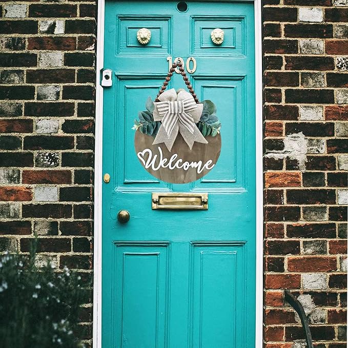 3D Welcome Sign for Front Door |Home/Farmhouse Porch Décor Wooden Hanging Sign with Artificial Leaves and Rustic Beads | Christmas Classroom |12" Round