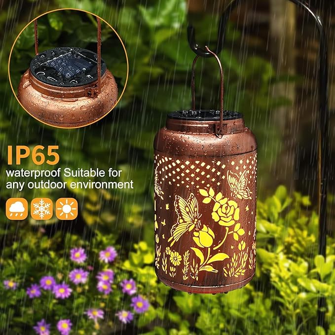 2 Pack Solar Lanterns Outdoor Waterproof, Butterfly Rose Garden Decor Birthday Gifts for Women Mom Grandma Hanging Solar Lights Metal Solar Decoration Outside for Yard, Patio, Lawn, Pathway