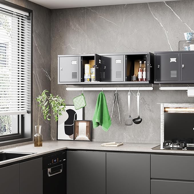 Metal 4 Doors Locker Cabinet with Hanging Rod, Wall-Mounted Storage Lockers for Home, Office, Garage, Storage, Assembly Required, Dark Gray