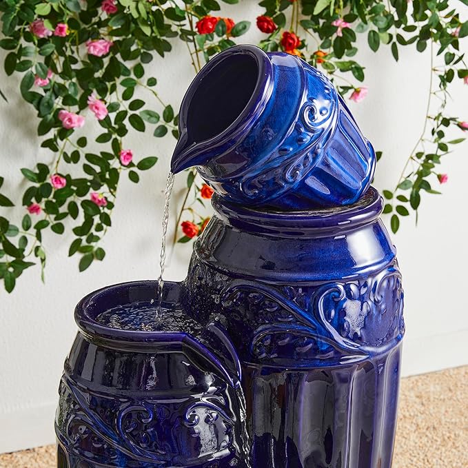 Glitzhome 35.5" H Oversized Outdoor Water Fountain with LED Lights and Pump, 4 Tier Cobalt Blue Embossed Pattern Ceramic Pots Cascading Floor Standing Fountain for Porch Deck Garden Patio Backyard