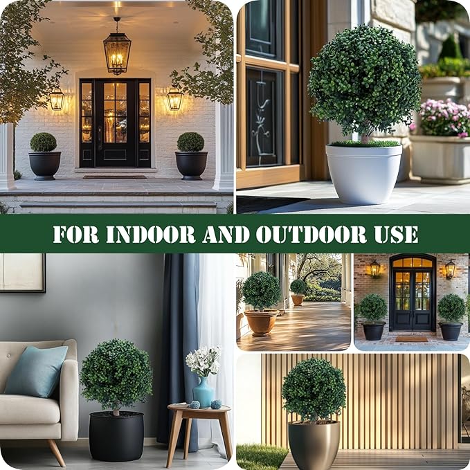 23.6 Inches Artificial Boxwood Topiary Ball Trees for Outdoor with Ground Spike, Faux Bushes UV Resistant Faux Greenery Shrubs, Fake Boxwood Plants for Indoor, Front Porch Decor, Garden, Yard