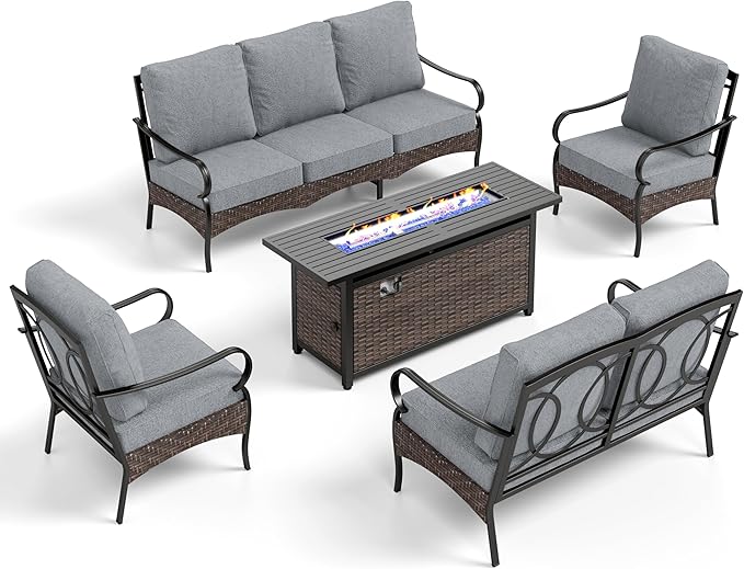 Patio Furniture Set with 56" Fire Pit Table, Premium Outdoor Wicker Metal Frame Furniture with Upgraded Waterproof Thick Cushions for Porch, Poolside, Deck, and Yard