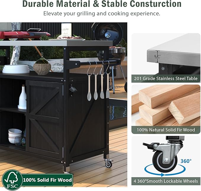 50.25" W Grill Cart with Stainless Steel Tabletop - Outdoor Storage Cabinet for BBQ, Bar Patio Kitchen Island with Ample Storage and Lockable Wheels
