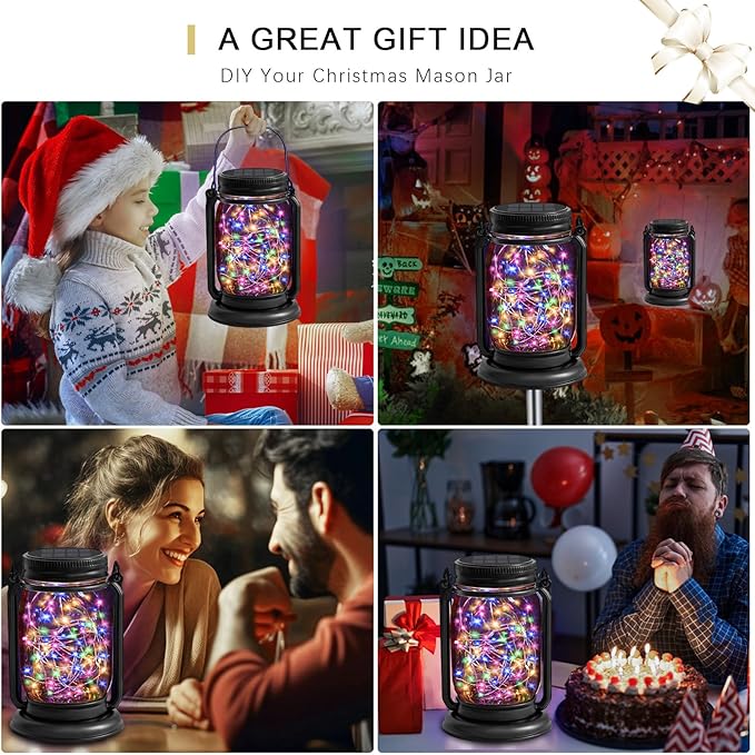 4 Pack Hanging Solar Lantern Lights, 30LED Vintage Glass Mason Jar Solar Fairy Lights Outdoor Decorative Waterproof Table Lamp with Stakes for Patio Yard Lawn Tree