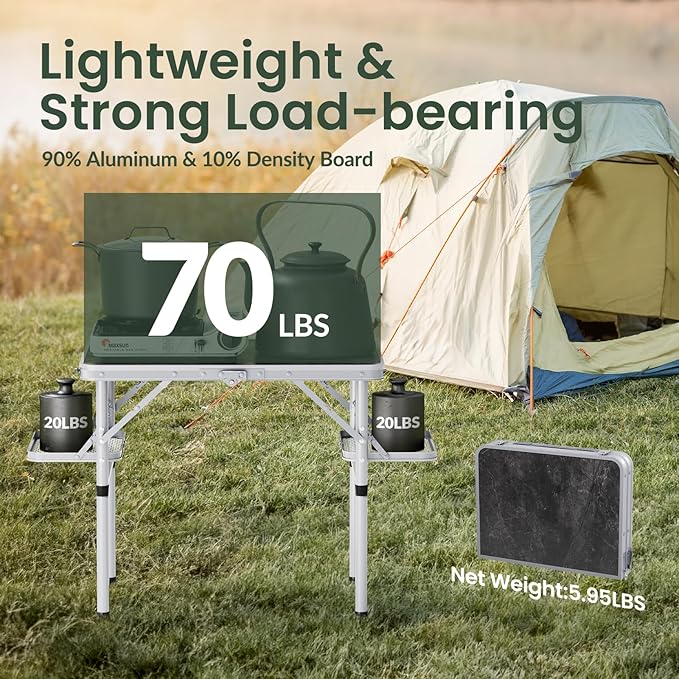 Titanker Folding Camping Table Small 2ft, Small Camp Table Portable with 50% Extra Space, Folding Picnic Beach Table Portable, Car Camping Essentials, Aluminum Light Solid, Silver