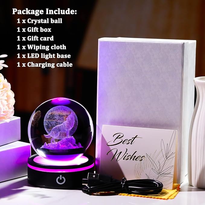 YWHL 3D Crystal Ball Moon Wolf Figurine with Colorful LED Base, Laser Wolf Gifts for Women Men Wolves Lovers on Christmas Birthday, Wolf Statue Glass Animal Decorative Ball for Home Decor (80mm)