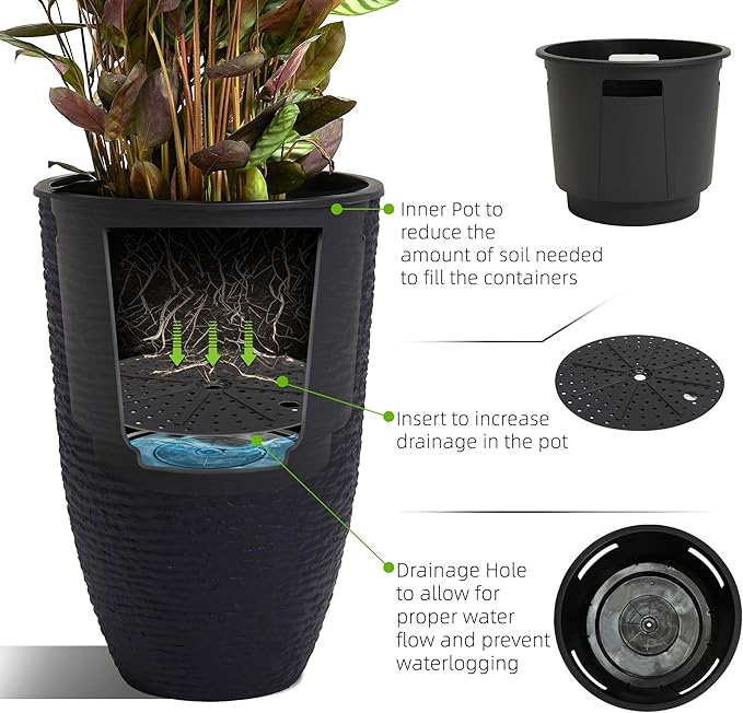 WORTH Garden 2-Pack 21" H. Black Tall Planters with Inside Pots - 14'' Dia Plastic Large Round Plant Tree Pots - Decorative Imitation Stone Finish for Indoor Outdoor Front Porch Container Patio