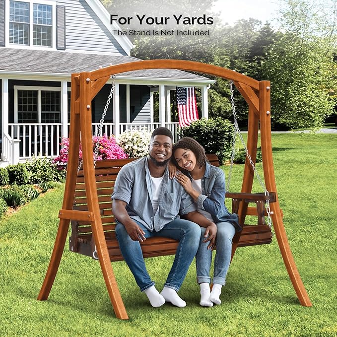 VINGLI XL Size Patio Wooden Porch Swing Outdoor with Cup Holders, Heavy Duty 880 LBS Hanging Swing Chair Bench with Hanging Chains for Yard, Lawn, Garden (4 FT Pro, Rustic)