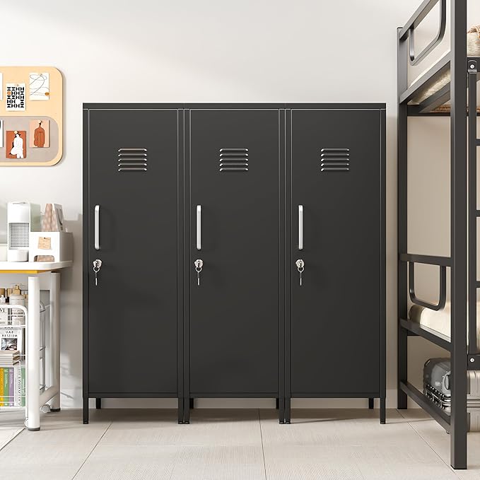 47" Metal Storage Locker, Lockable Employees Metal Locker with Door and Adjustable Shelves, Steel Locker for Home, School, Office, Gym (Black)