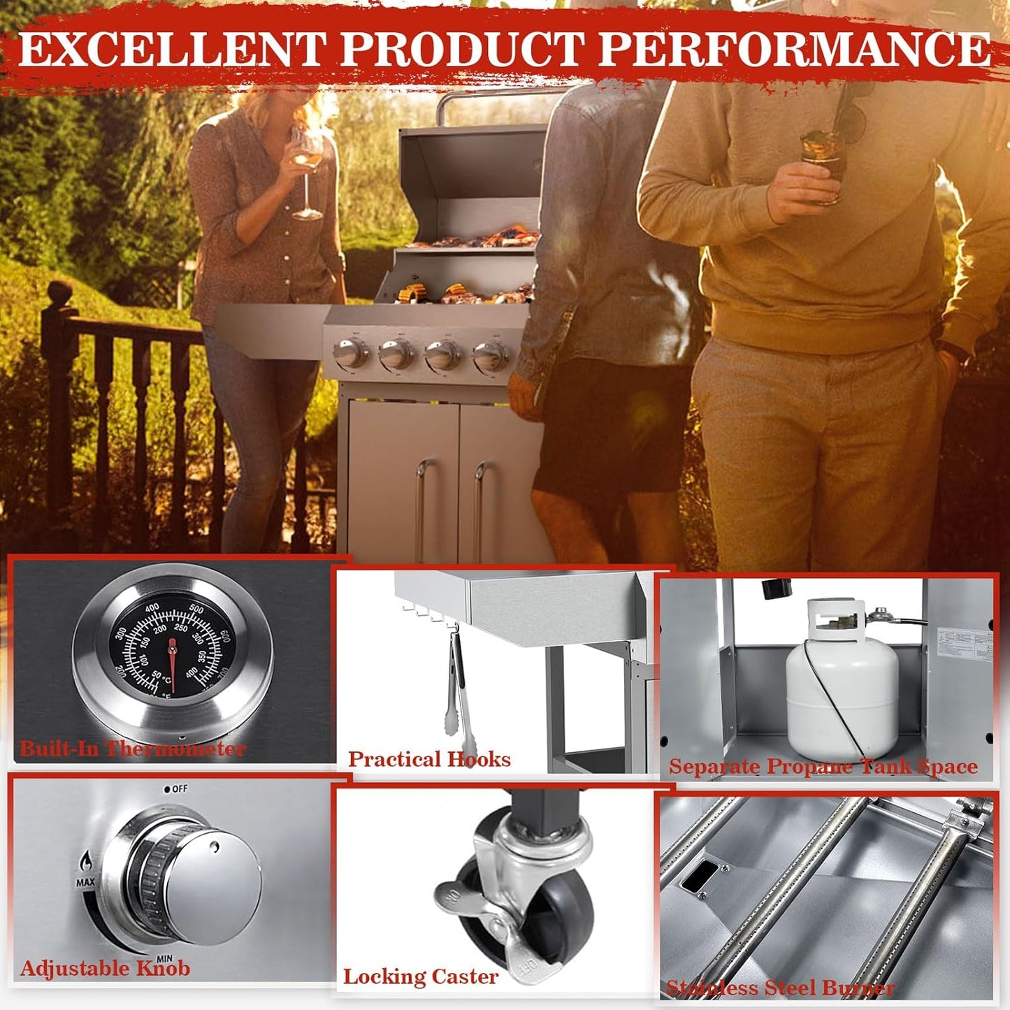 Llamaviva 68,000 BTU 5-Burner Propane Gas Grill with Side Burner & Food Clip | Professional Stainless Steel Outdoor BBQ Grill | 647 sq in Cooking Space + Warming Rack | Patio Cart Design for Backyard