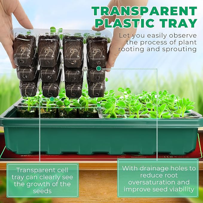 Seed Starter Tray, Seed Starter Kit with Grow Lights and Heat Mat, 96-Cell Seed Growing Tray, Seed Starting Trays Plant Starter Kit and Base, Indoor Gardening Plant Germination Trays (2)