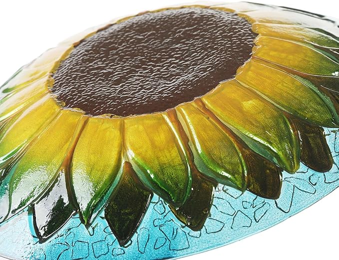 Glass Bird Bath Garden Hand Painted With Crushed Glass Bowl - Large Wild Bird Feeder for Garden, Yard, Patio, Lawn Decor - 18 x 2 x 18 Inches, 64oz