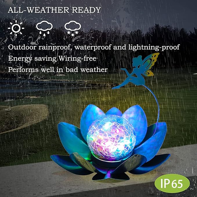 YJFWAL Garden Solar Lights Decorative, Crackle Globe Glass Lotus Flower with Fairy Decor, Metal Lotus Lamp for Garden,Patio,Lawn,Walkway,Tabletop(Multi-Color)