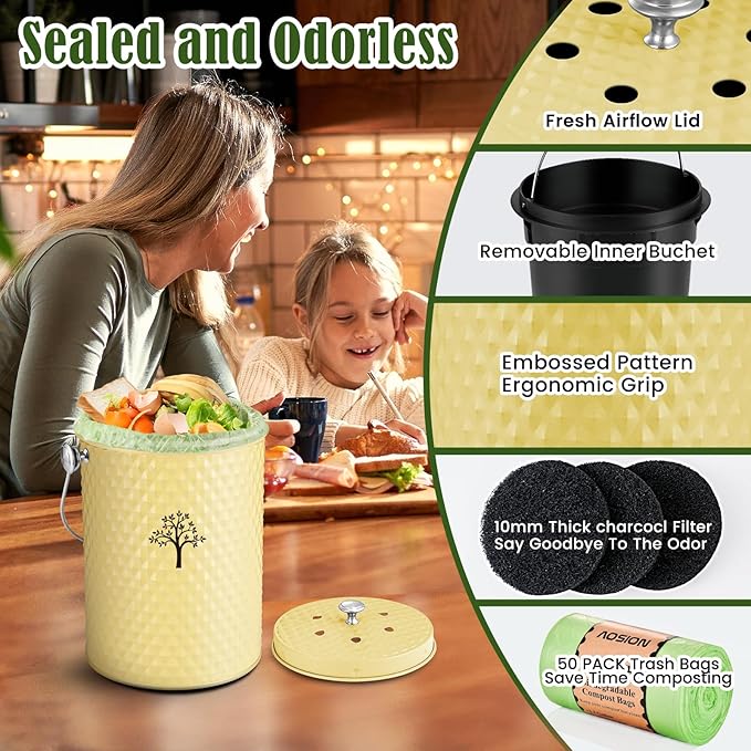 AOSION Countertop Compost Bin Kitchen,Odor Resistant Indoor Compost Bin with Lid and Compost Bags,Compost Bucket Composter Container for Food Waste,Yellow