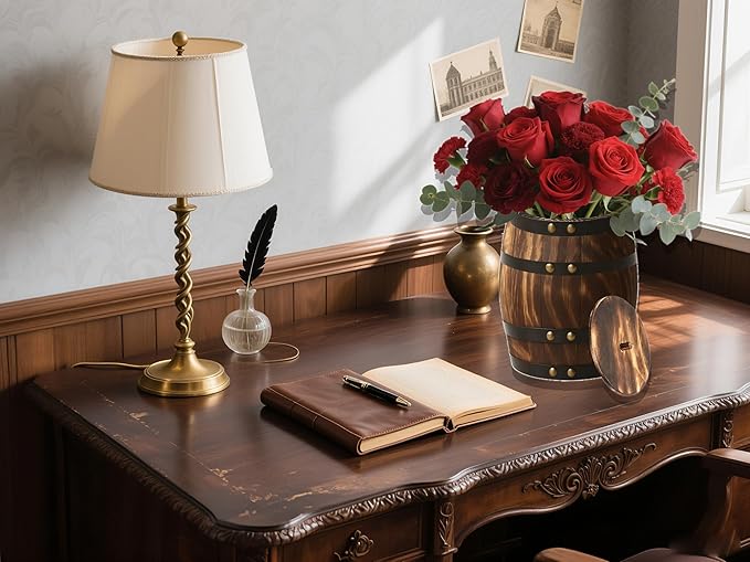 2 Pcs Wood Wine Barrel Vase 8" x 6.5" – Vintage Flower Vase Container Rustic Barrel Planter for Wedding Reception, Table Decoration, Home Indoor/Outdoor Garden, Kitchen, Party