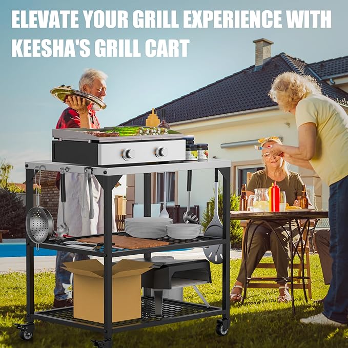 KEESHA Multi-Functional Stainless Steel Pizza Oven Stand Station 35.5 x31.5 x24'' Grill Trolley Stand for Outdoor Indoor Movable Dining Food Prep Cart with 3 Shelves for Ooni, Weber, Blackstone, Ninja